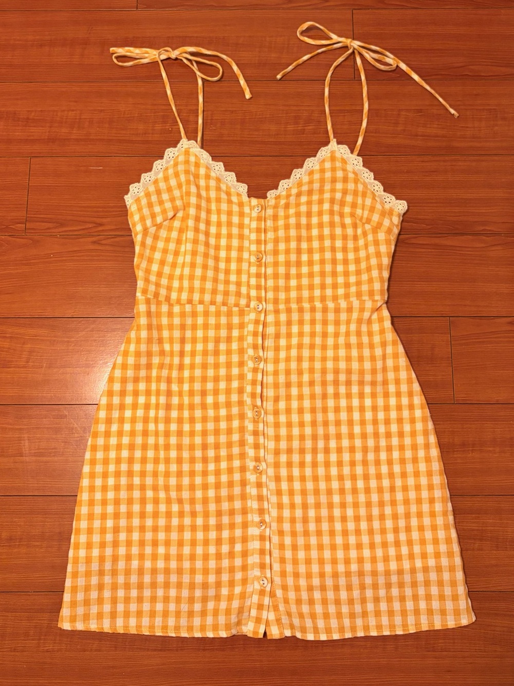 Vintage Yellow Gingham Button-Front Strappy Sundress with Lace Trim